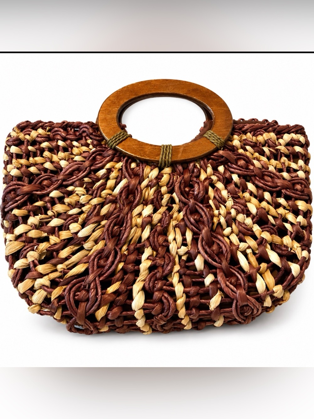 Coldwater Creek Brown Raffle Woven with Wooden Handles Like New